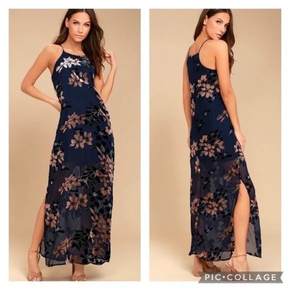 Lulus Navy Floral Maxi Dress Side Slit Sleeveless Chiffon‎ XS